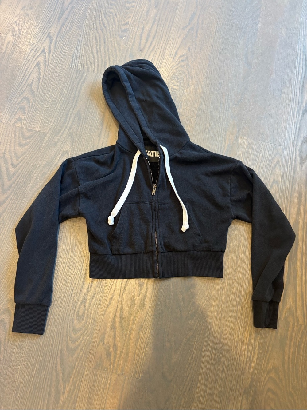 Katie J NYC Black Cropped Zip Hoodie with White Drawstrings